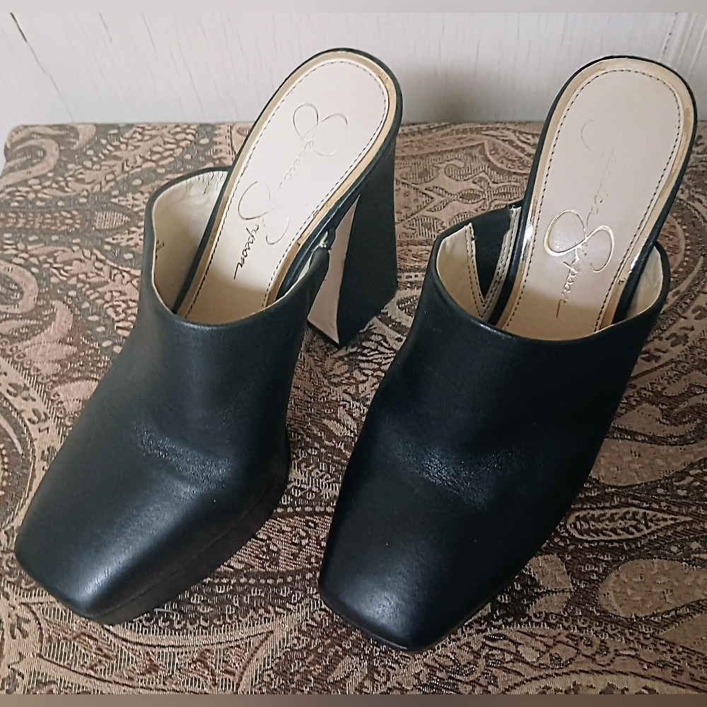 Jessica Simpson Denima Black Leather Platform Slip-On Mules Women's Size 7M - Picture 4 of 12